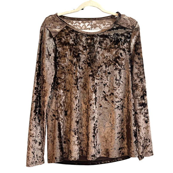 Voice of California Size Medium Mocha Brown Velvet Lace Open Back Blouse - Picture 1 of 5